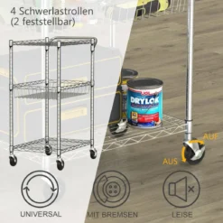 3-stufiger Rollwagen mit höhenverstellbaren Regalen Metallgeflecht Allzweckwagen Badwagen Beistellwagen Küchentrolley