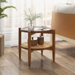 2-stufiger runder Beistelltisch PE Rattan Couchtisch mit gehärteter Glasplatte Braun