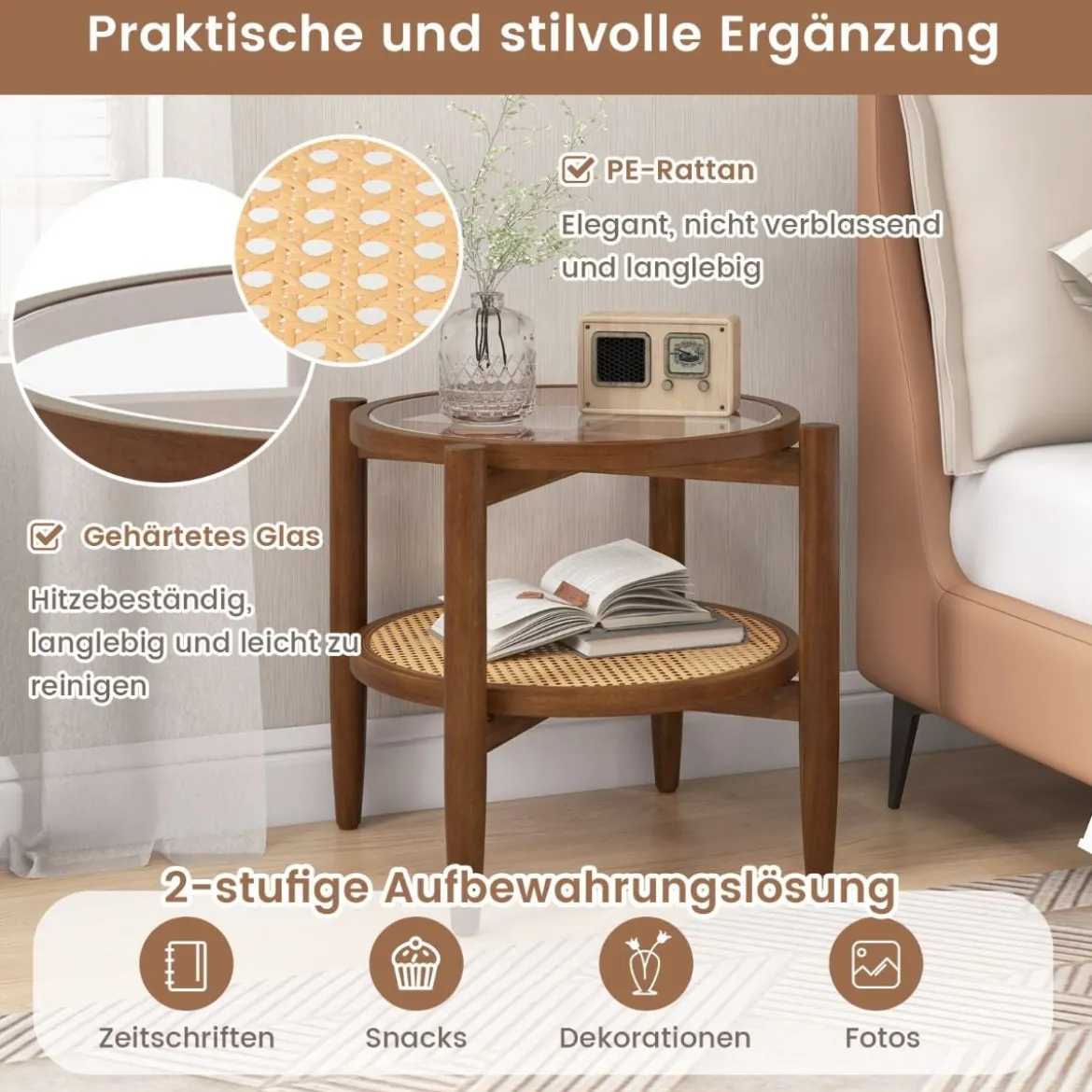 2-stufiger runder Beistelltisch PE Rattan Couchtisch mit gehärteter Glasplatte Braun