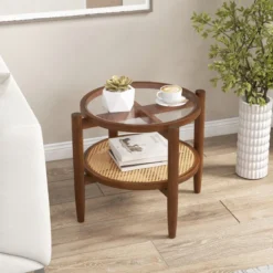 2-stufiger runder Beistelltisch PE Rattan Couchtisch mit gehärteter Glasplatte Braun