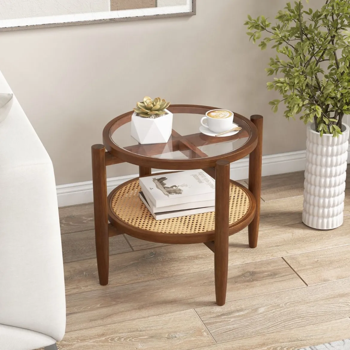 2-stufiger runder Beistelltisch PE Rattan Couchtisch mit gehärteter Glasplatte Braun