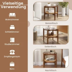 2-stufiger runder Beistelltisch PE Rattan Couchtisch mit gehärteter Glasplatte Braun