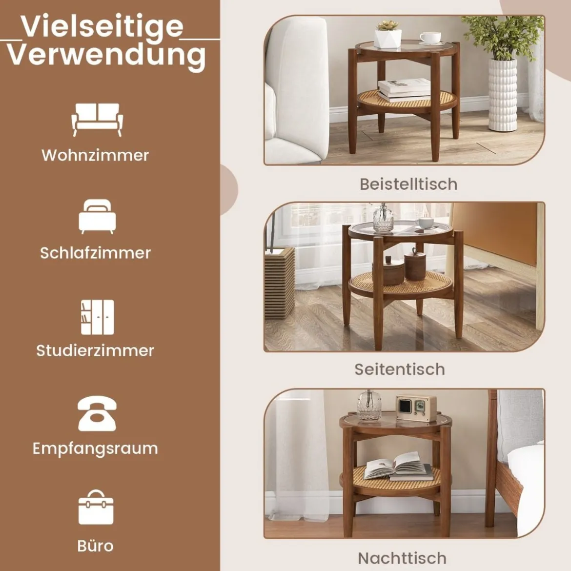 2-stufiger runder Beistelltisch PE Rattan Couchtisch mit gehärteter Glasplatte Braun