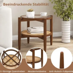 2-stufiger runder Beistelltisch PE Rattan Couchtisch mit gehärteter Glasplatte Braun