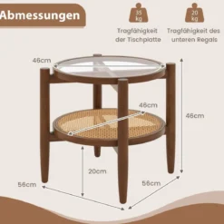 2-stufiger runder Beistelltisch PE Rattan Couchtisch mit gehärteter Glasplatte Braun