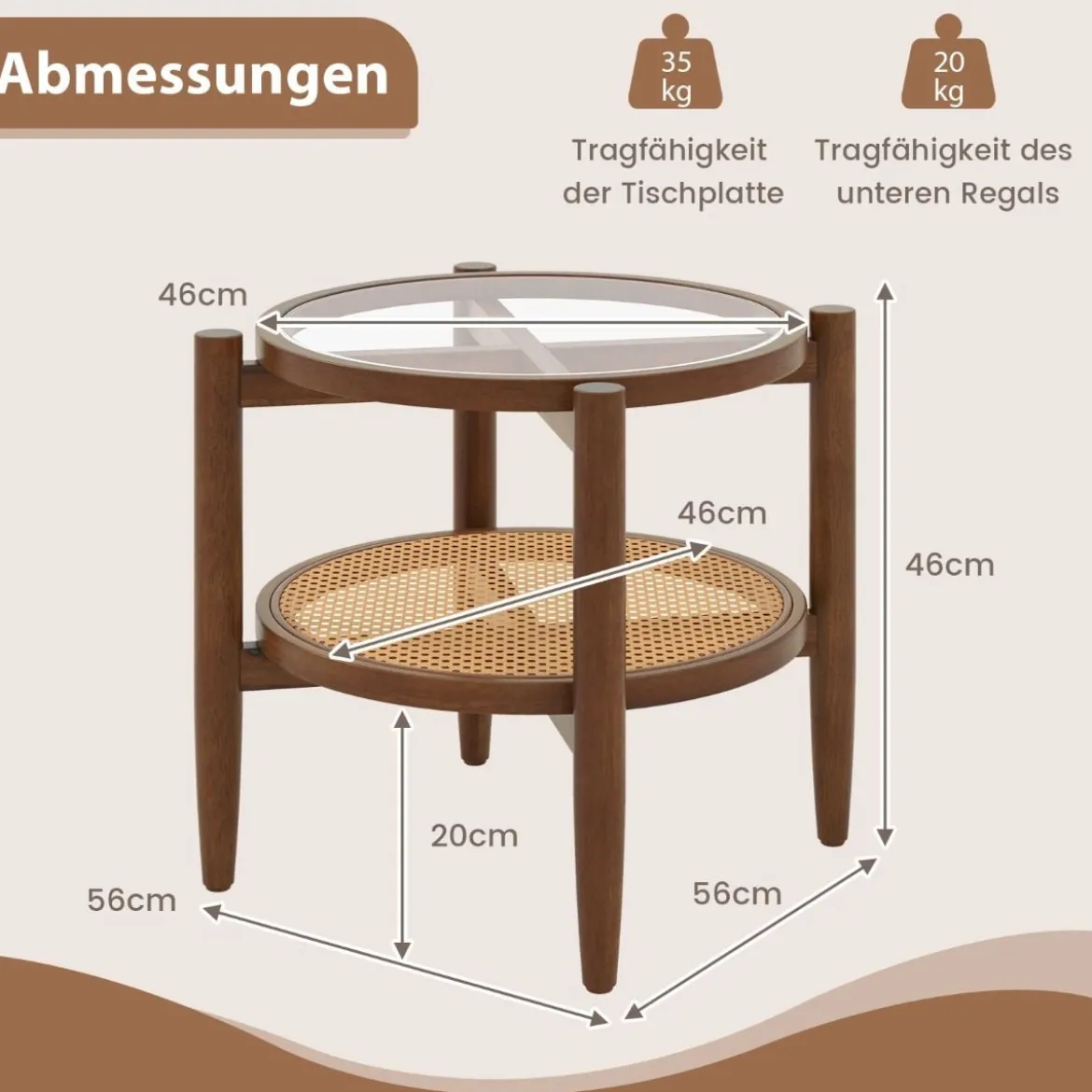 2-stufiger runder Beistelltisch PE Rattan Couchtisch mit gehärteter Glasplatte Braun