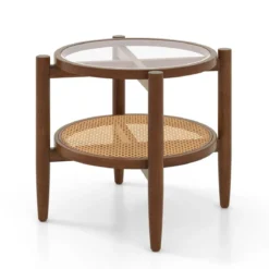 2-stufiger runder Beistelltisch PE Rattan Couchtisch mit gehärteter Glasplatte Braun