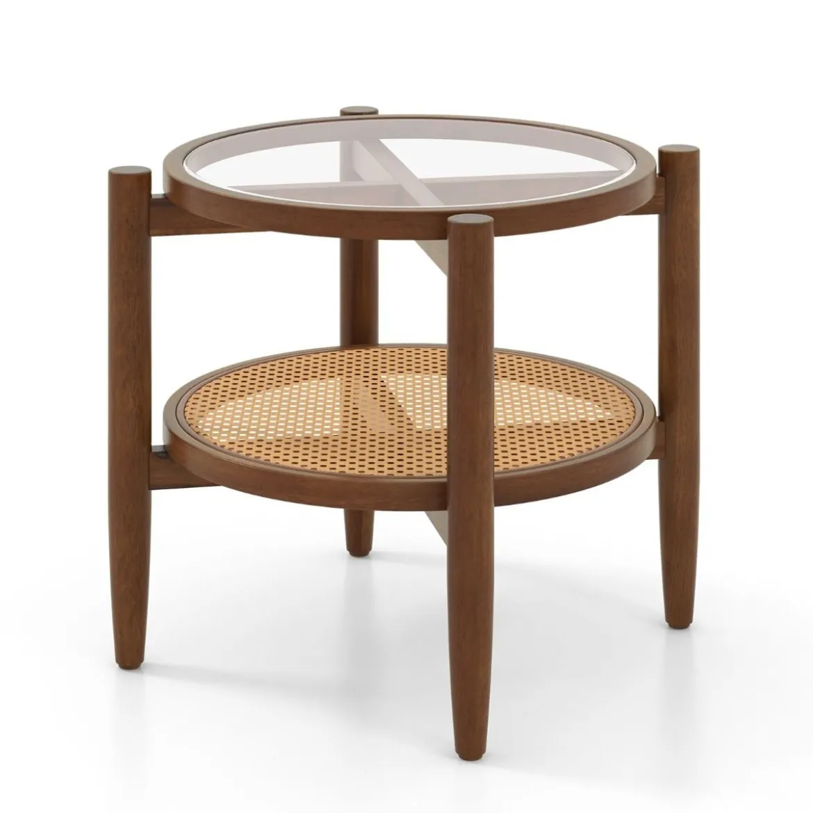 2-stufiger runder Beistelltisch PE Rattan Couchtisch mit gehärteter Glasplatte Braun