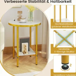 2-stufiger runder Couchtisch 40,5 cm Beistelltisch mit weißer Marmoroptik & Ablagefläche Weiß + Golden