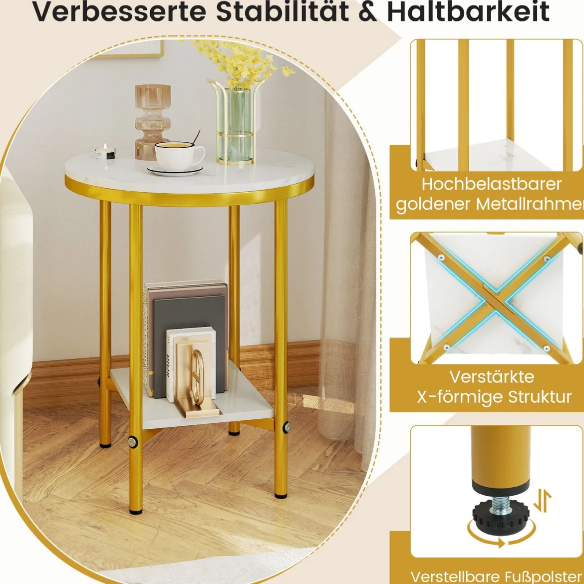2-stufiger runder Couchtisch 40,5 cm Beistelltisch mit weißer Marmoroptik & Ablagefläche Weiß + Golden