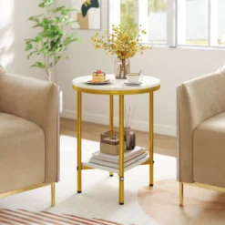 2-stufiger runder Couchtisch 40,5 cm Beistelltisch mit weißer Marmoroptik & Ablagefläche Weiß + Golden