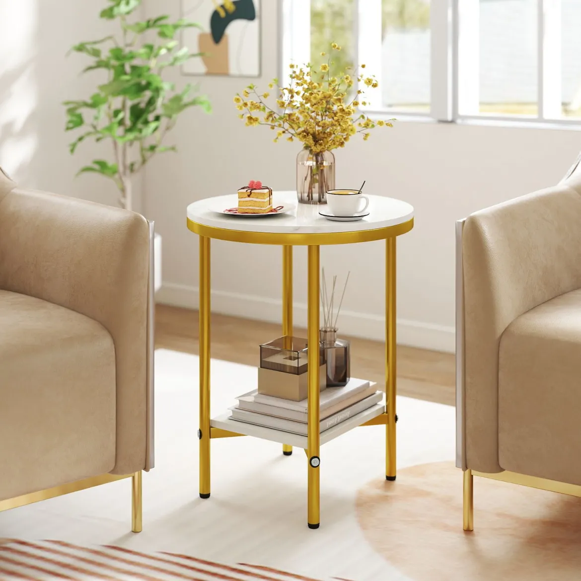 2-stufiger runder Couchtisch 40,5 cm Beistelltisch mit weißer Marmoroptik & Ablagefläche Weiß + Golden