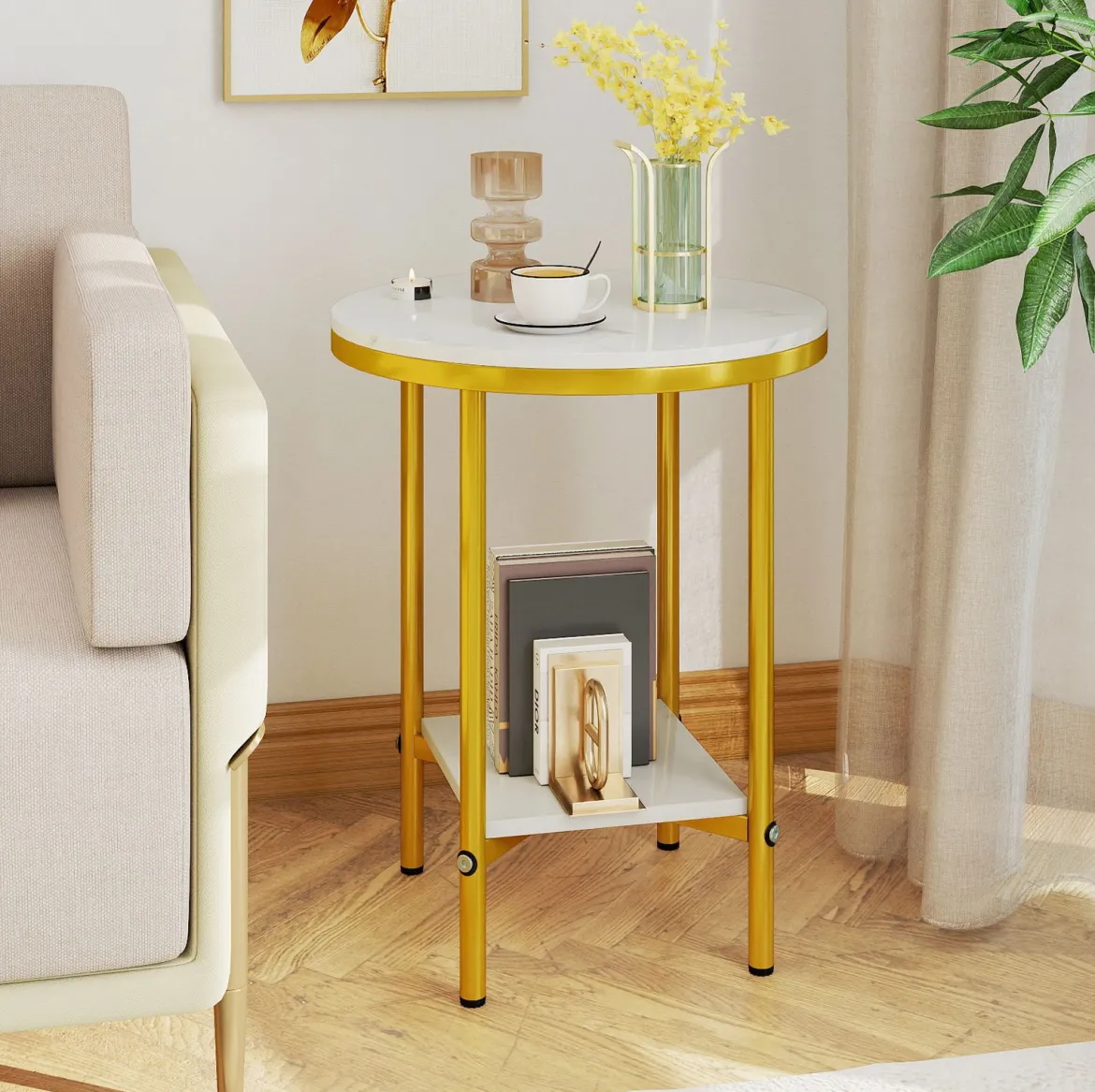 2-stufiger runder Couchtisch 40,5 cm Beistelltisch mit weißer Marmoroptik & Ablagefläche Weiß + Golden