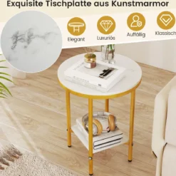 2-stufiger runder Couchtisch 40,5 cm Beistelltisch mit weißer Marmoroptik & Ablagefläche Weiß + Golden