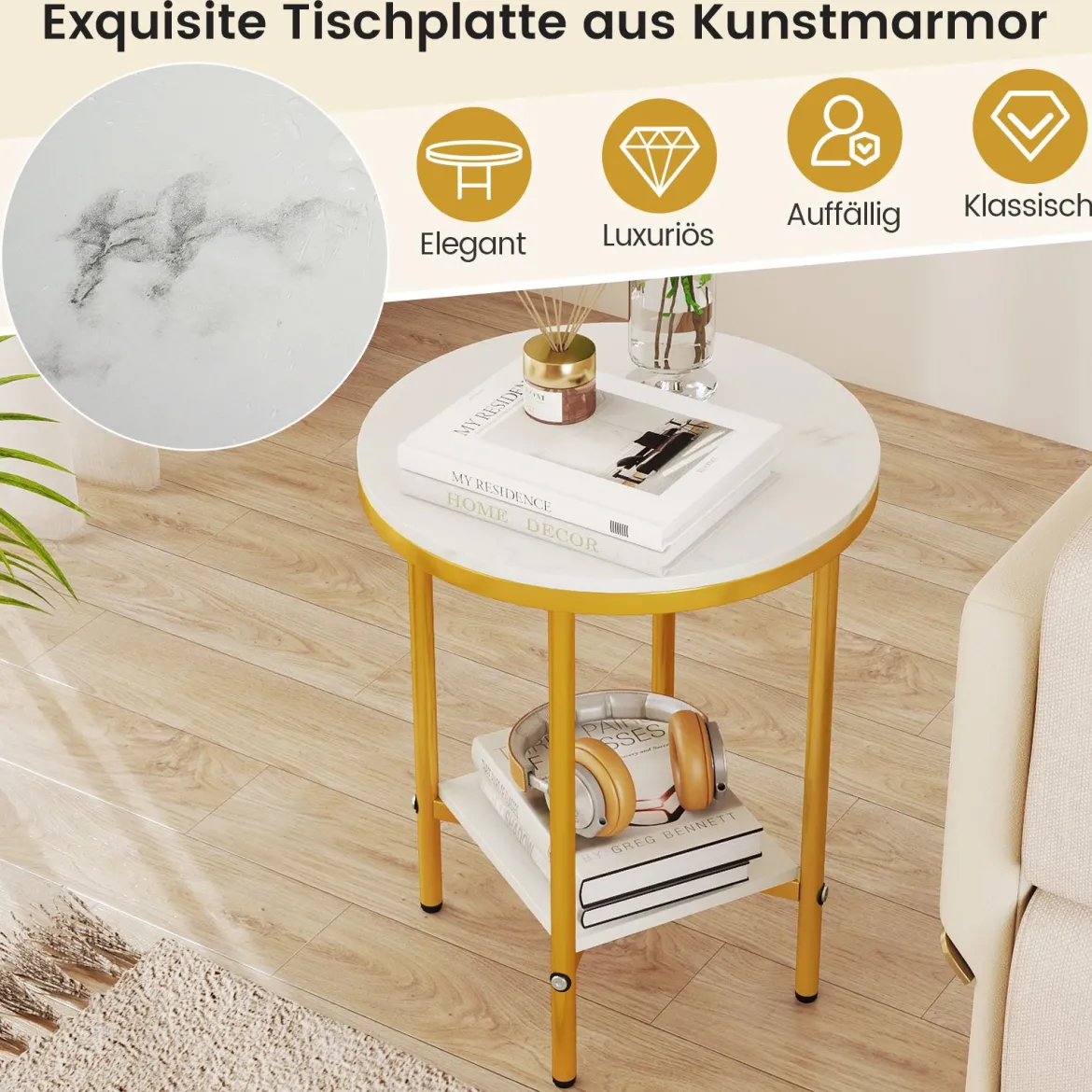 2-stufiger runder Couchtisch 40,5 cm Beistelltisch mit weißer Marmoroptik & Ablagefläche Weiß + Golden
