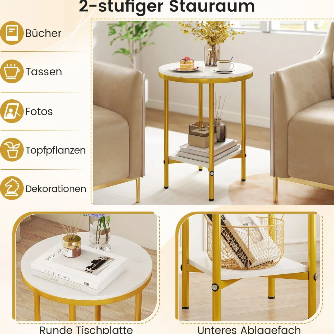 2-stufiger runder Couchtisch 40,5 cm Beistelltisch mit weißer Marmoroptik & Ablagefläche Weiß + Golden