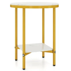 2-stufiger runder Couchtisch 40,5 cm Beistelltisch mit weißer Marmoroptik & Ablagefläche Weiß + Golden