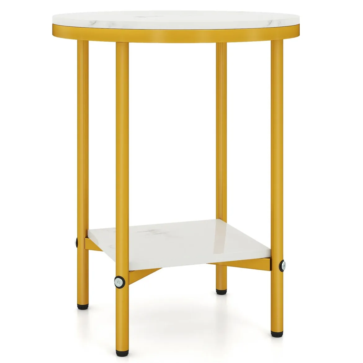 2-stufiger runder Couchtisch 40,5 cm Beistelltisch mit weißer Marmoroptik & Ablagefläche Weiß + Golden