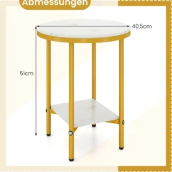 2-stufiger runder Couchtisch 40,5 cm Beistelltisch mit weißer Marmoroptik & Ablagefläche Weiß + Golden