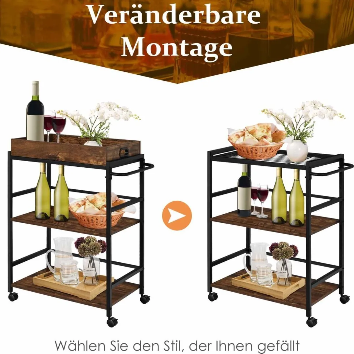 3 Stufiger Servierwagen Küchenwagen mit Griff & Abnehmbarem Tablett & Metallgestell Braun