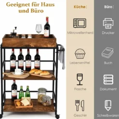 3 Stufiger Servierwagen Küchenwagen mit Griff & Abnehmbarem Tablett & Metallgestell Braun