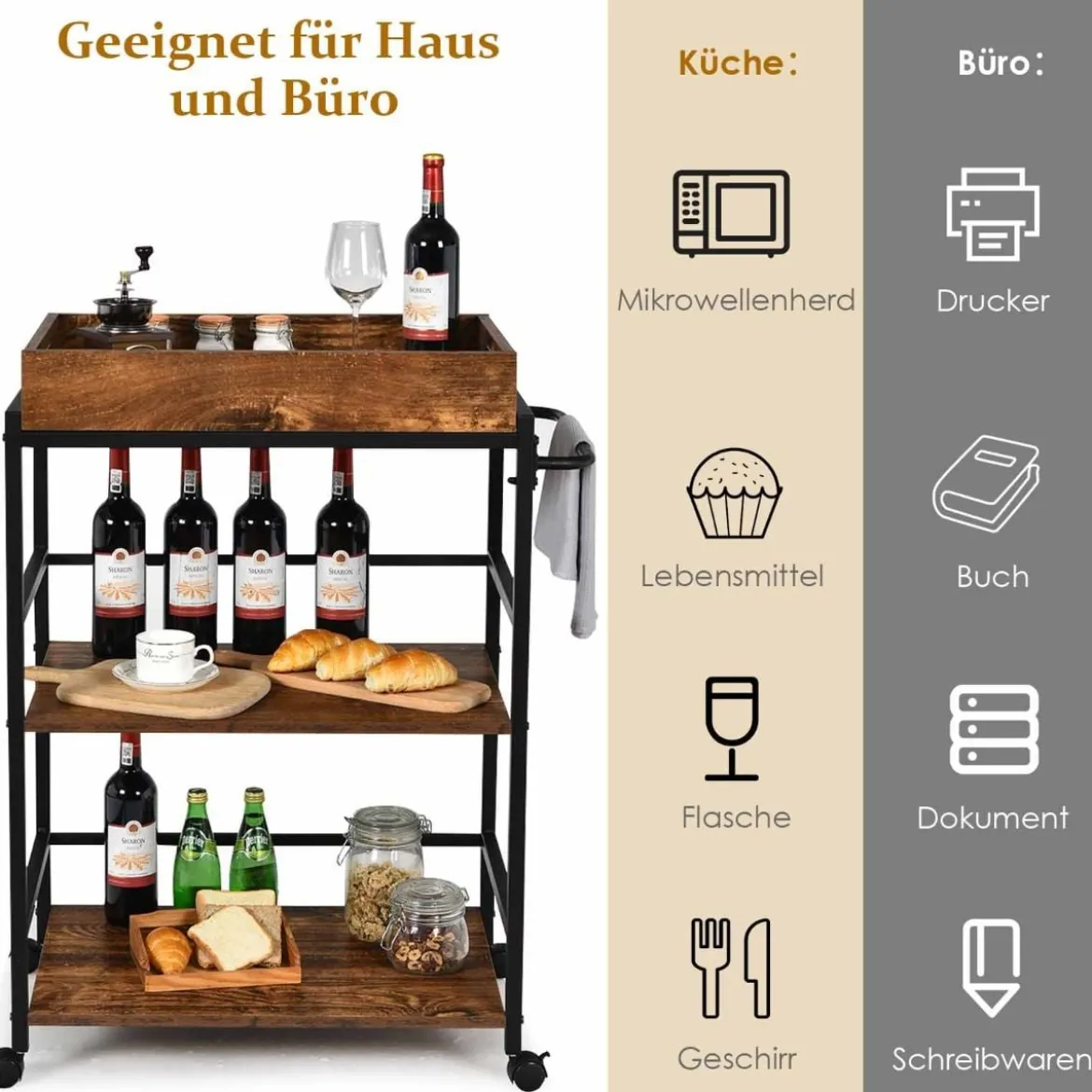 3 Stufiger Servierwagen Küchenwagen mit Griff & Abnehmbarem Tablett & Metallgestell Braun