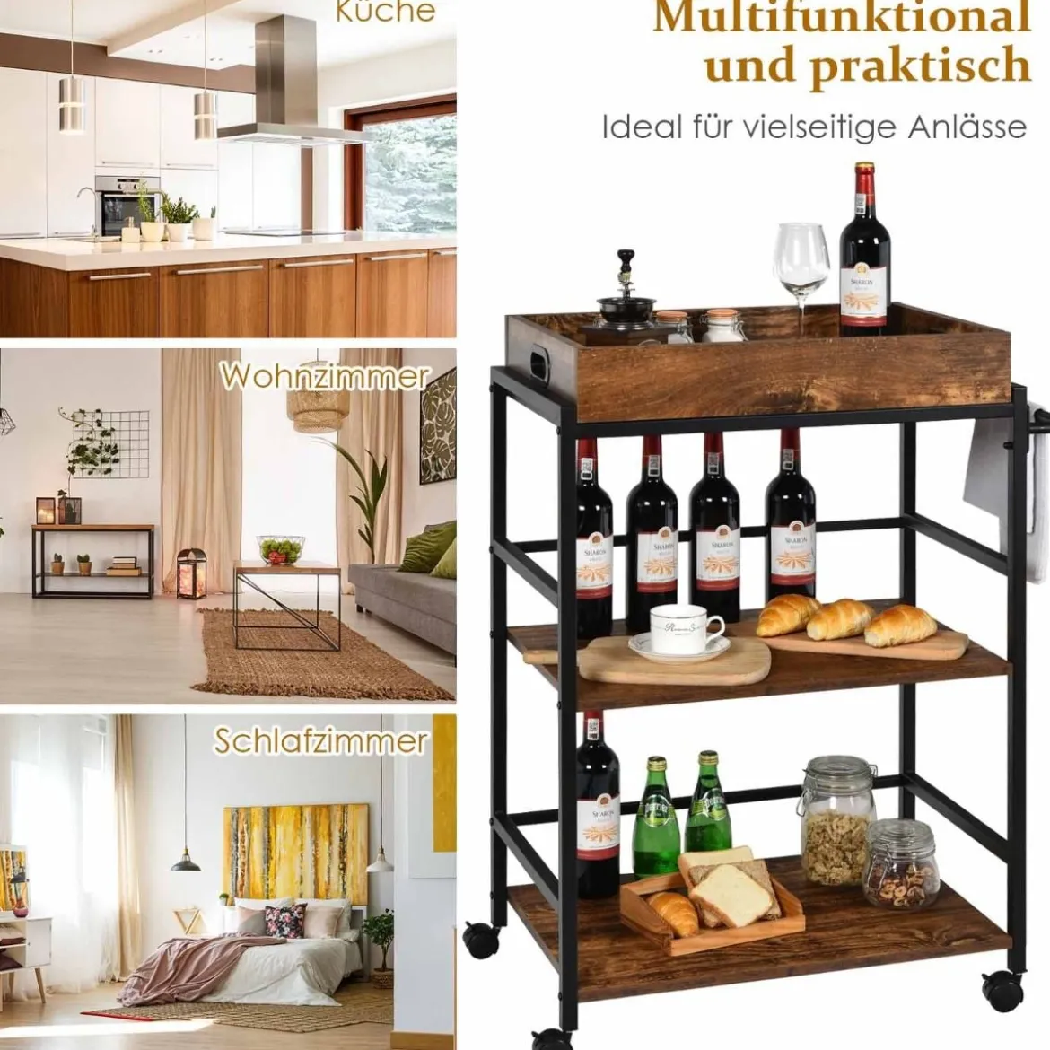 3 Stufiger Servierwagen Küchenwagen mit Griff & Abnehmbarem Tablett & Metallgestell Braun