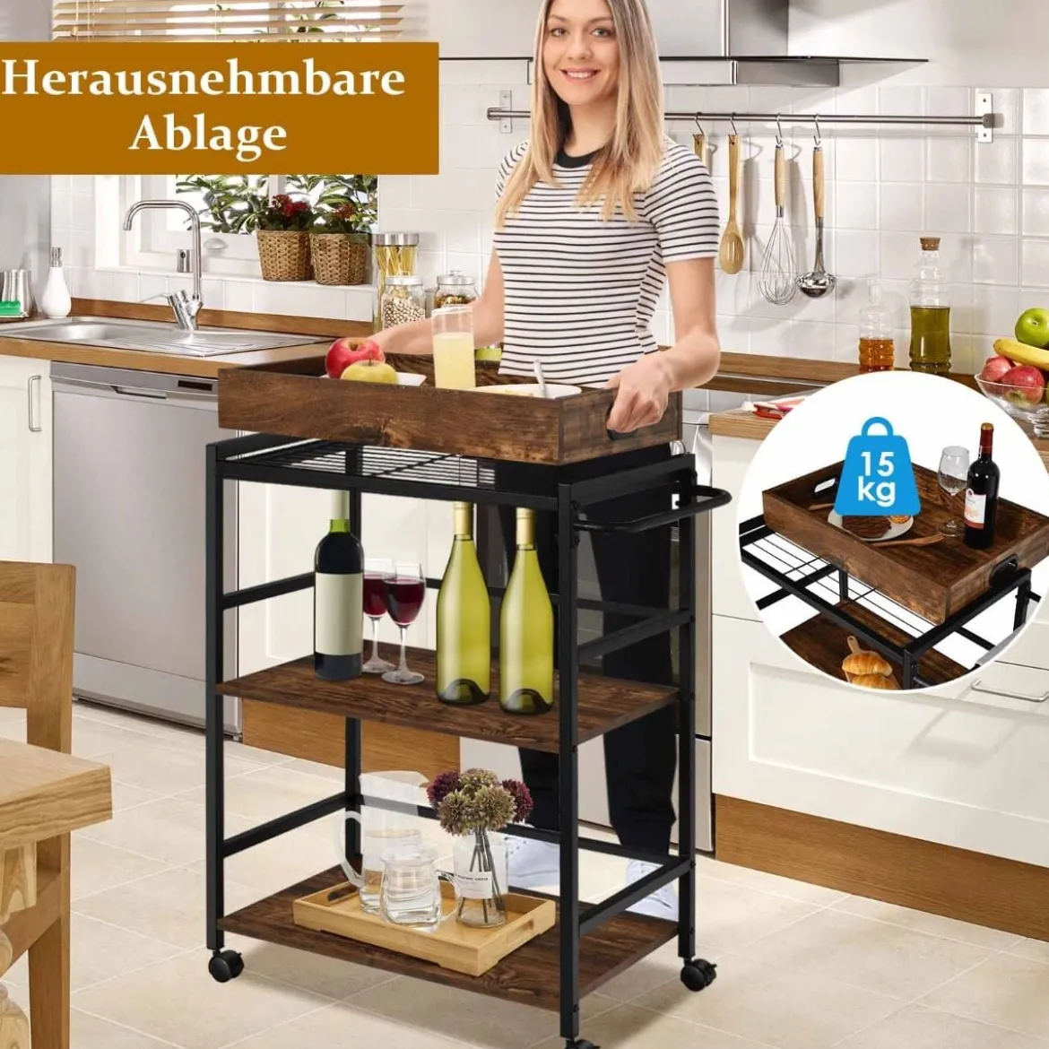3 Stufiger Servierwagen Küchenwagen mit Griff & Abnehmbarem Tablett & Metallgestell Braun