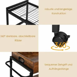 3 Stufiger Servierwagen Küchenwagen mit Griff & Abnehmbarem Tablett & Metallgestell Braun
