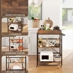 3 stufiger Servierwagen Küchenwagen mit abnehmbarem Tablett & Griff 73 x 40 x 94 cm Braun+Schwarz