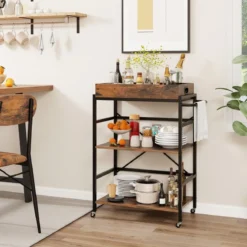3 stufiger Servierwagen Küchenwagen mit abnehmbarem Tablett & Griff 73 x 40 x 94 cm Braun+Schwarz