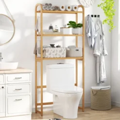 3-stufiger Toilettenregal Bambus Badezimmerregal Überbauschrank freistehend Toilettenschrank mit 3 Haken 71,5 x 25 x 166 cm