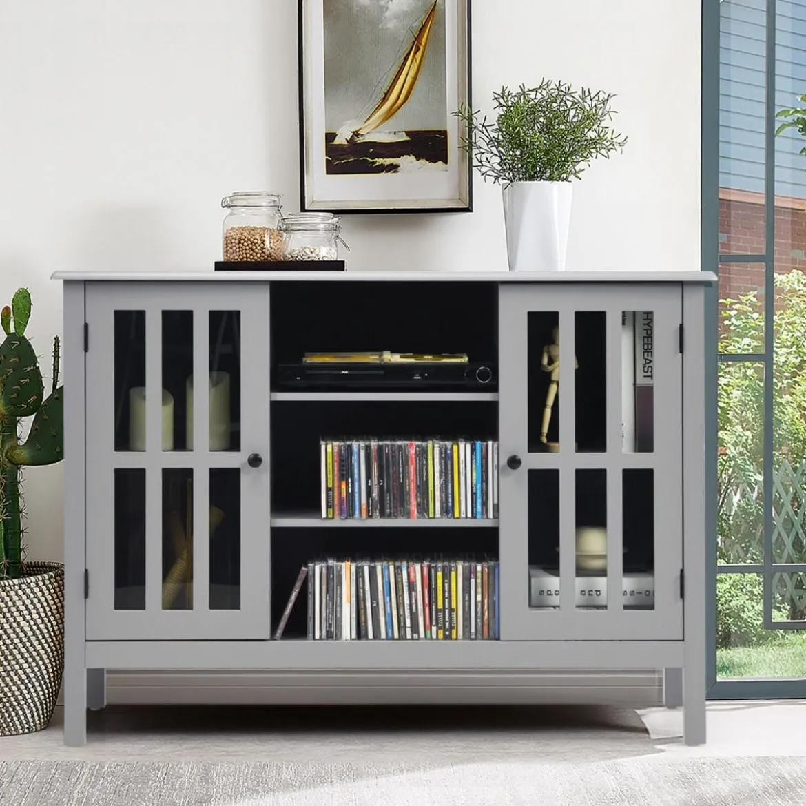 3-stufiger TV Schrank Fernsehschrank Holz Fernsehtisch mit Türen und Regale Wohnzimmerschrank Grau
