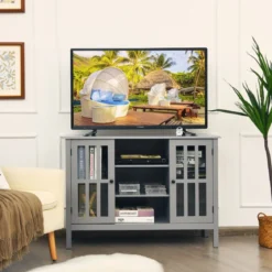 3-stufiger TV Schrank Fernsehschrank Holz Fernsehtisch mit Türen und Regale Wohnzimmerschrank Grau