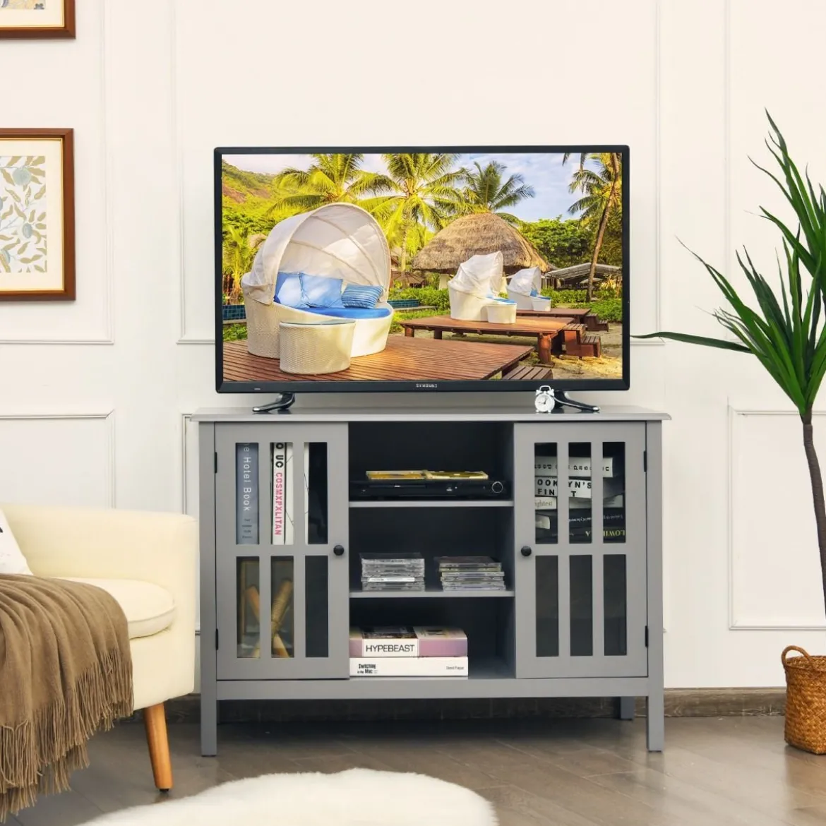 3-stufiger TV Schrank Fernsehschrank Holz Fernsehtisch mit Türen und Regale Wohnzimmerschrank Grau