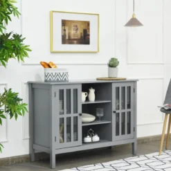3-stufiger TV Schrank Fernsehschrank Holz Fernsehtisch mit Türen und Regale Wohnzimmerschrank Grau
