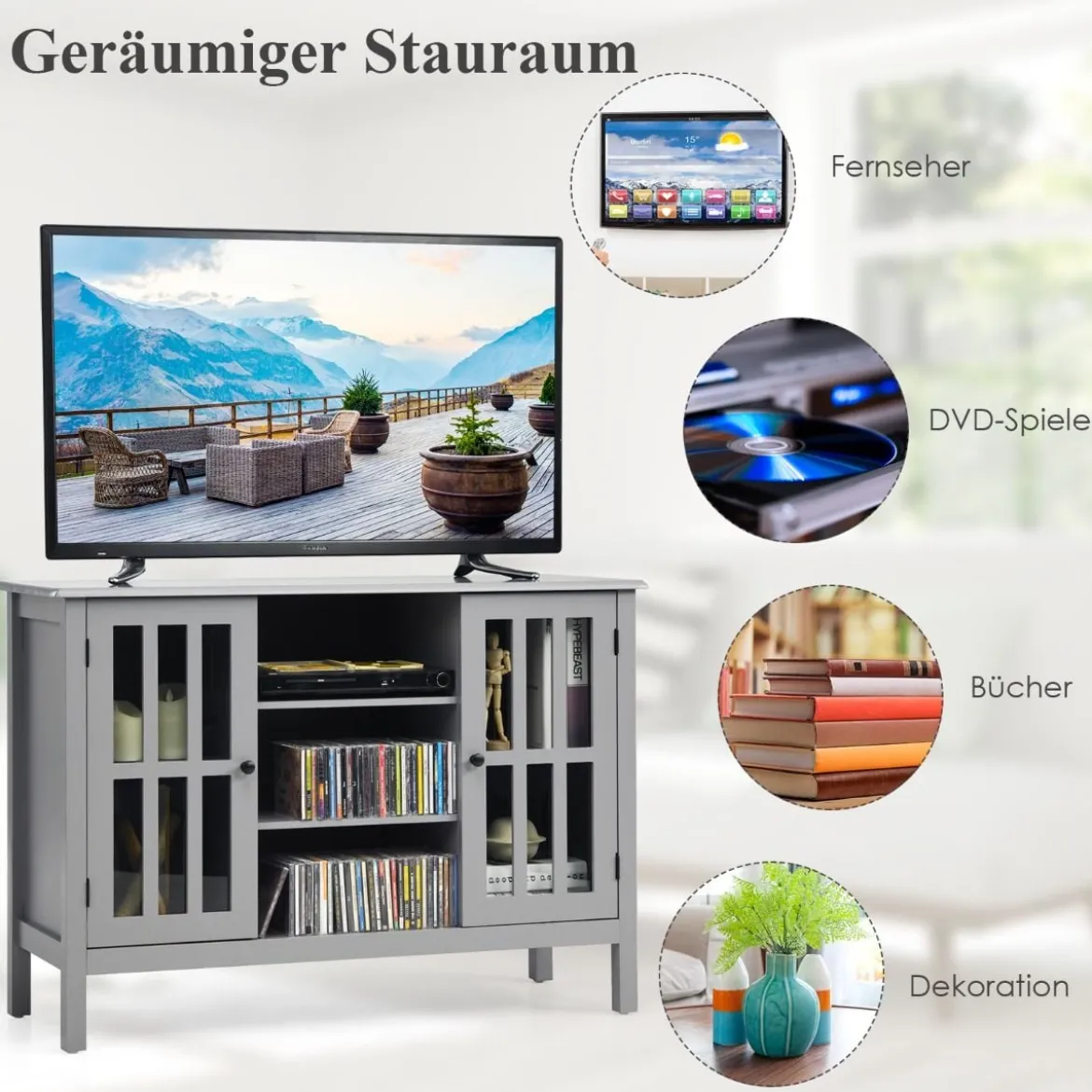 3-stufiger TV Schrank Fernsehschrank Holz Fernsehtisch mit Türen und Regale Wohnzimmerschrank Grau