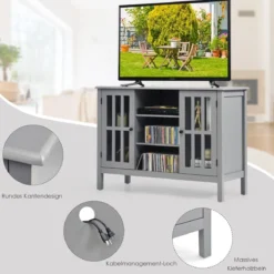 3-stufiger TV Schrank Fernsehschrank Holz Fernsehtisch mit Türen und Regale Wohnzimmerschrank Grau