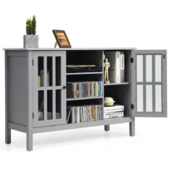 3-stufiger TV Schrank Fernsehschrank Holz Fernsehtisch mit Türen und Regale Wohnzimmerschrank Grau