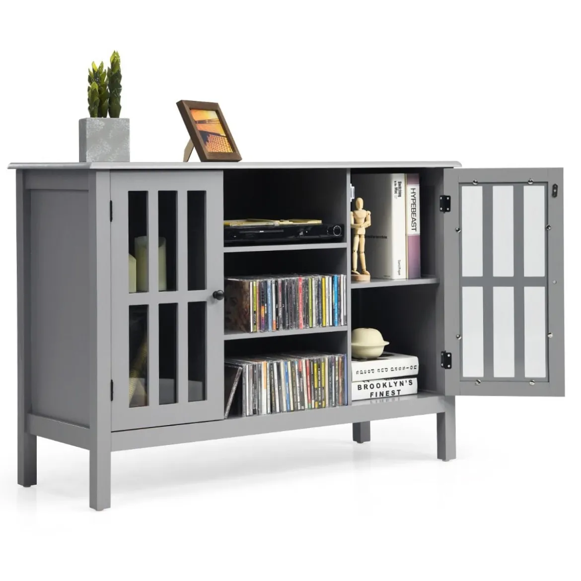 3-stufiger TV Schrank Fernsehschrank Holz Fernsehtisch mit Türen und Regale Wohnzimmerschrank Grau