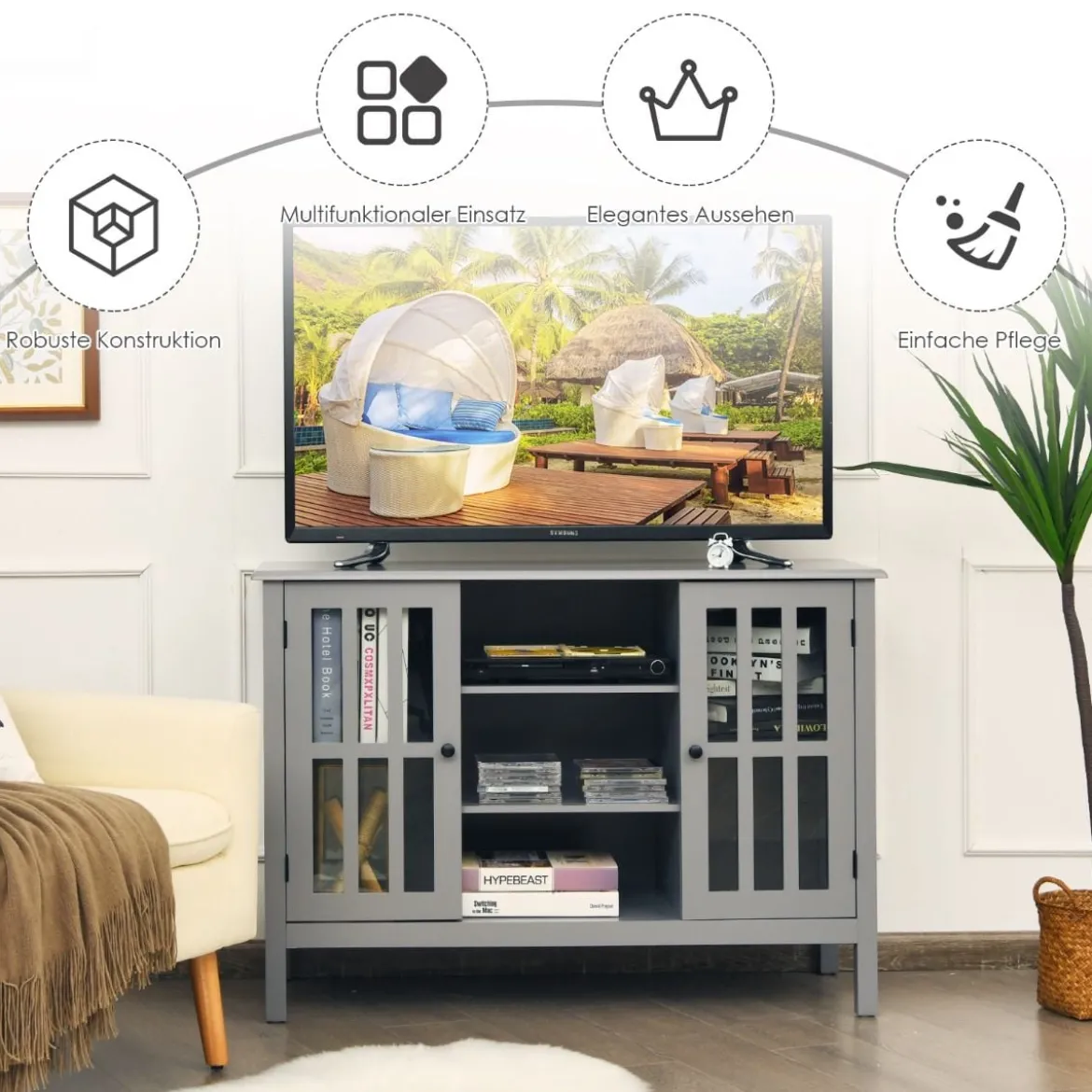 3-stufiger TV Schrank Fernsehschrank Holz Fernsehtisch mit Türen und Regale Wohnzimmerschrank Grau