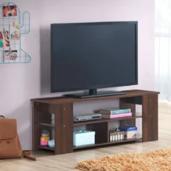 3-stufiger TV Schrank mit Massivholzrahmen & Offenen Ablagefächern 110 cm Breit Kaffee