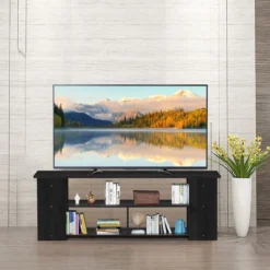 3-Stufiger TV Schrank mit Massivholzrahmen & Offenen Ablagefächern 110 cm Breit Schwarz