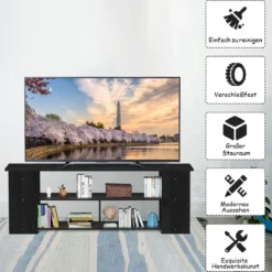3-Stufiger TV Schrank mit Massivholzrahmen & Offenen Ablagefächern 110 cm Breit Schwarz