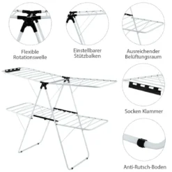 2-Stufiger Wäscheständer Faltbarer Wäschetrockner mit Höhenverstellbaren Flügeln 154 x 55,5 x 112 cm Weiß