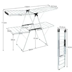 2-Stufiger Wäscheständer Faltbarer Wäschetrockner mit Höhenverstellbaren Flügeln 154 x 55,5 x 112 cm Weiß