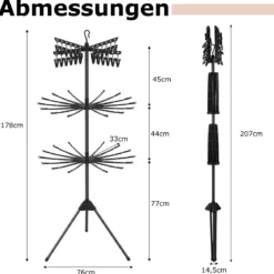 3-stufiger Wäscheständer klappbar 178cm freistehender Dreibein-Trockenständer mit 24 Clips & 32 Stangen Schwarz
