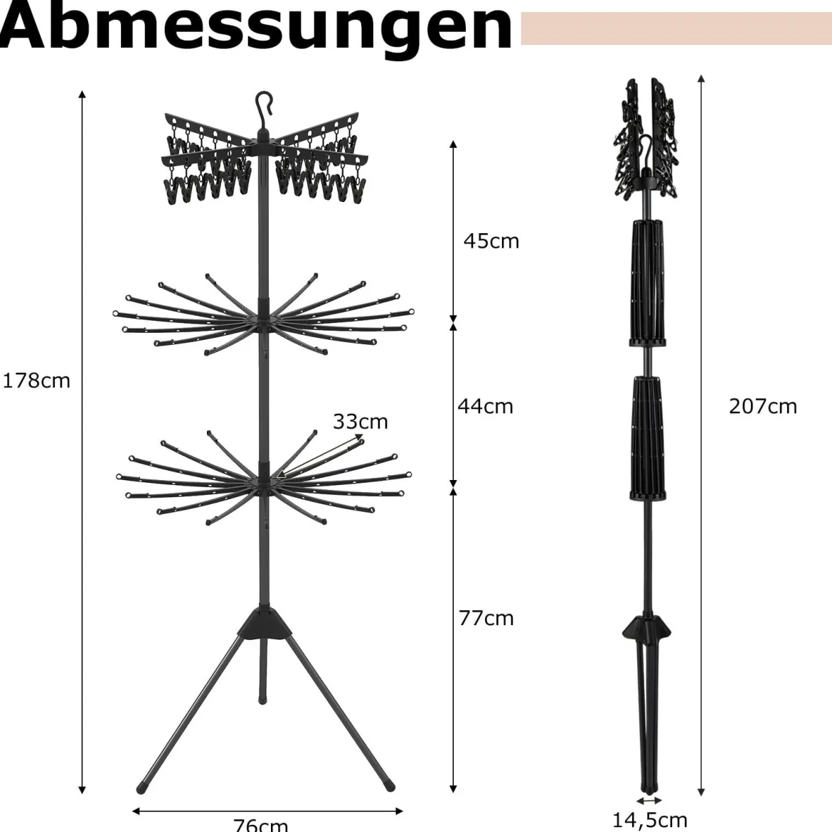 3-stufiger Wäscheständer klappbar 178cm freistehender Dreibein-Trockenständer mit 24 Clips & 32 Stangen Schwarz