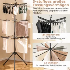 3-stufiger Wäscheständer klappbar 178cm freistehender Dreibein-Trockenständer mit 24 Clips & 32 Stangen Schwarz