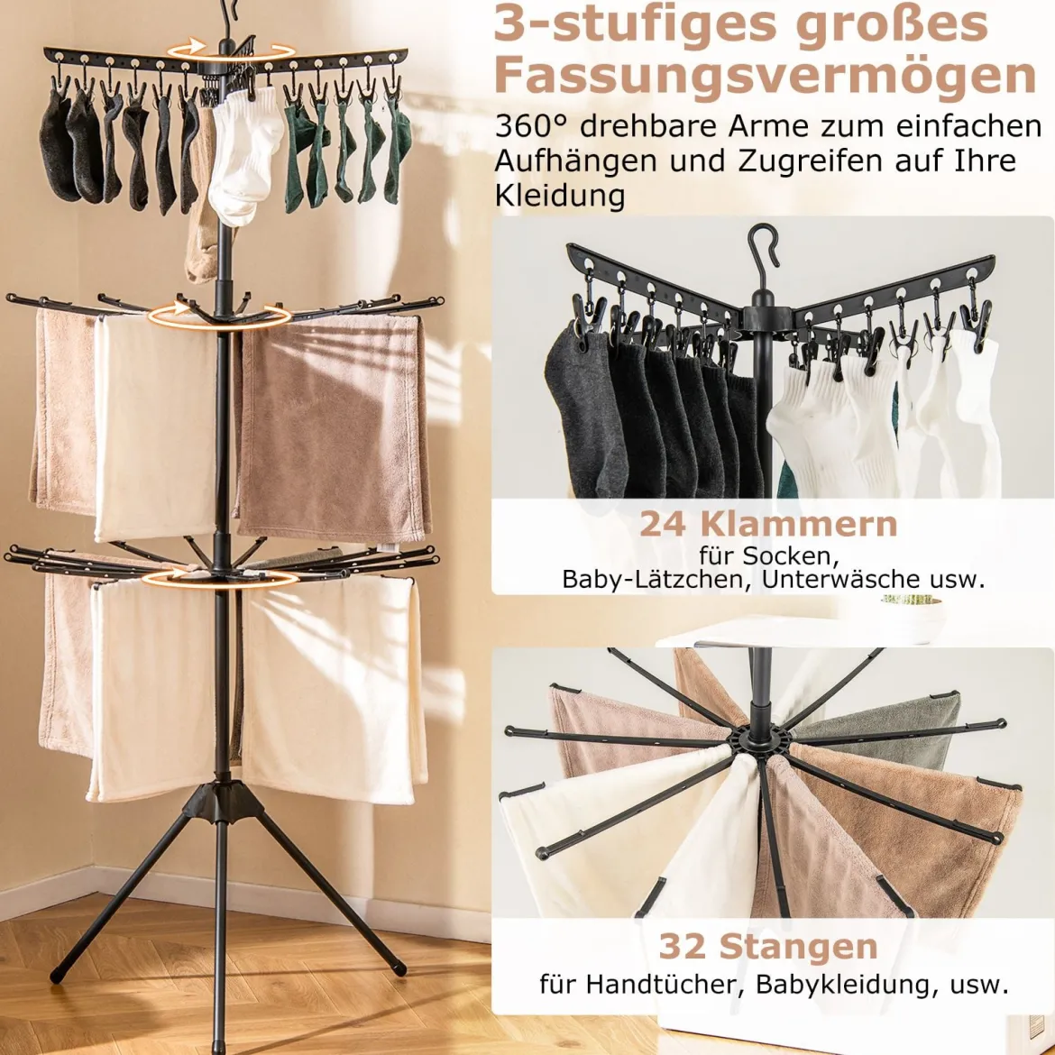 3-stufiger Wäscheständer klappbar 178cm freistehender Dreibein-Trockenständer mit 24 Clips & 32 Stangen Schwarz